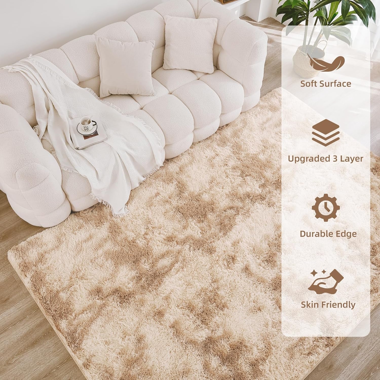 4X6 Shag Area Rug for Living Room Bedroom, Tie-Dyed Beige High Pile Soft Plush Shaggy Furry Cream Bedside Playroom Dorm Carpet, Non-Slip, Non-Shedding Modern Indoor Floor Rug