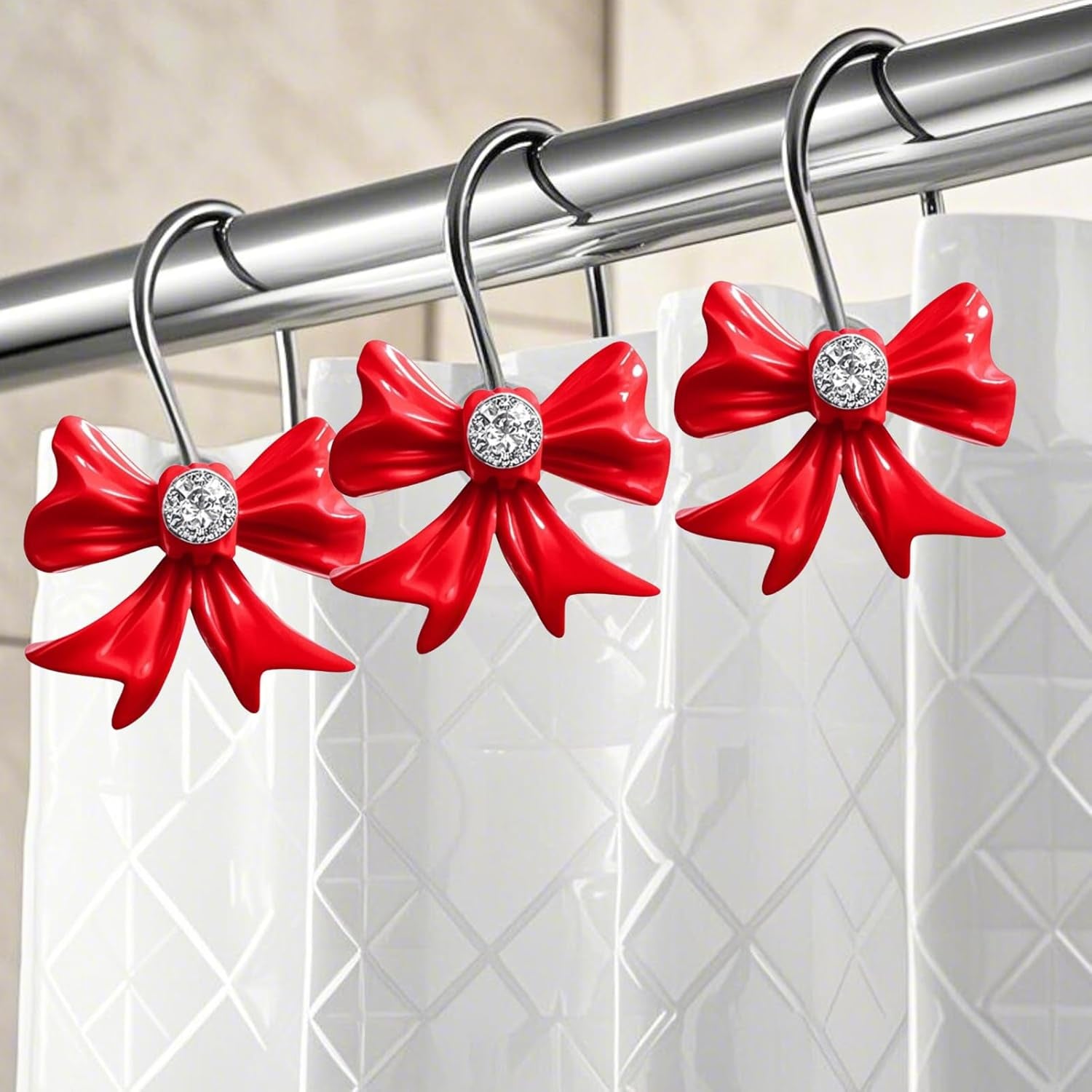 12Pcs Red Bow Shower Curtain Hooks Set, Kawaii Bow Resin Hooks for Red Bathroom Decor, Christmas, Coquette Bedroom, Girly Nursery, Cute Home Accessories