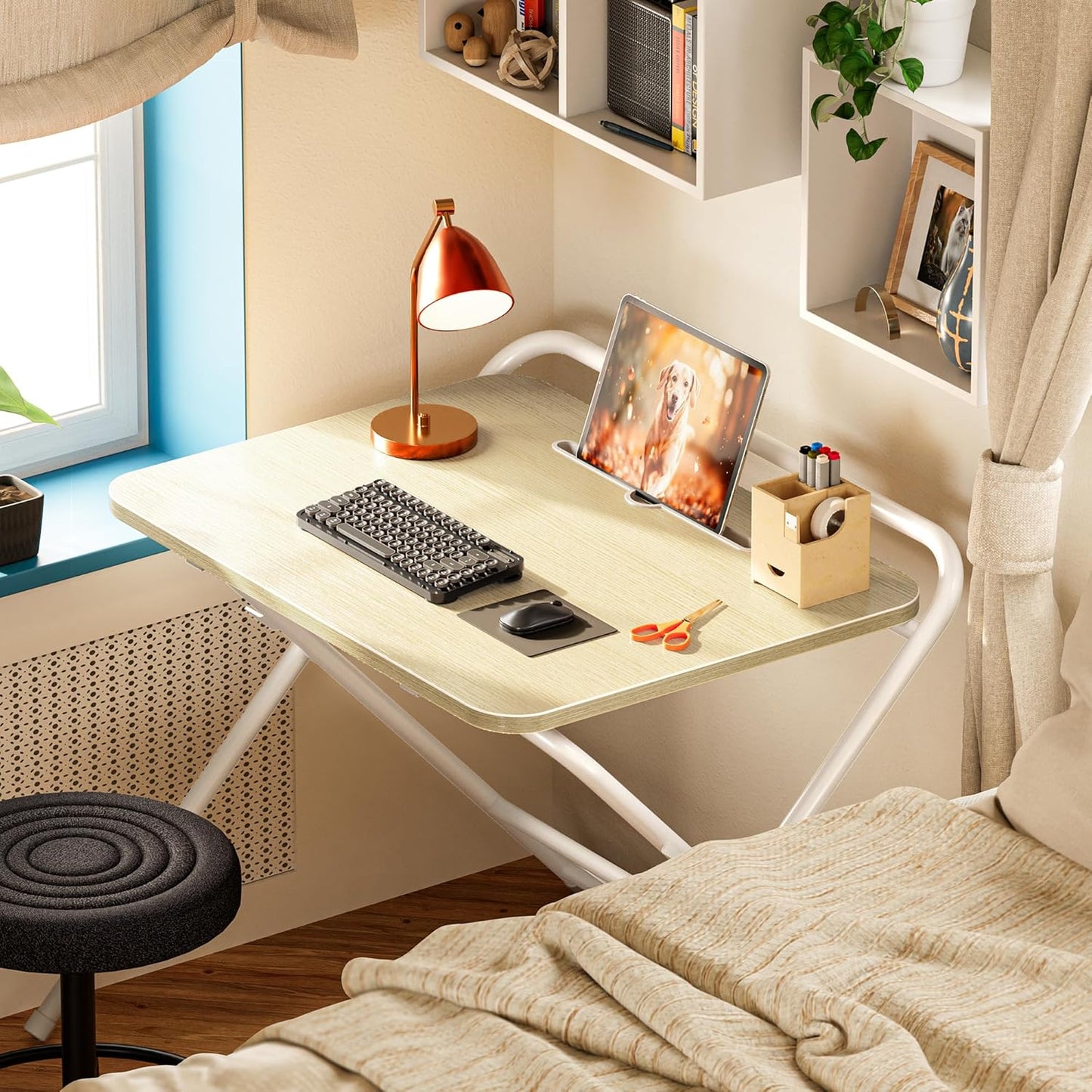 Adjustable Height Folding Desk with Tablet Slot, 24-Inch Compact Computer Desk for Small Spaces, Ideal for Home Office, Bedroom, and Study, Oak Finish