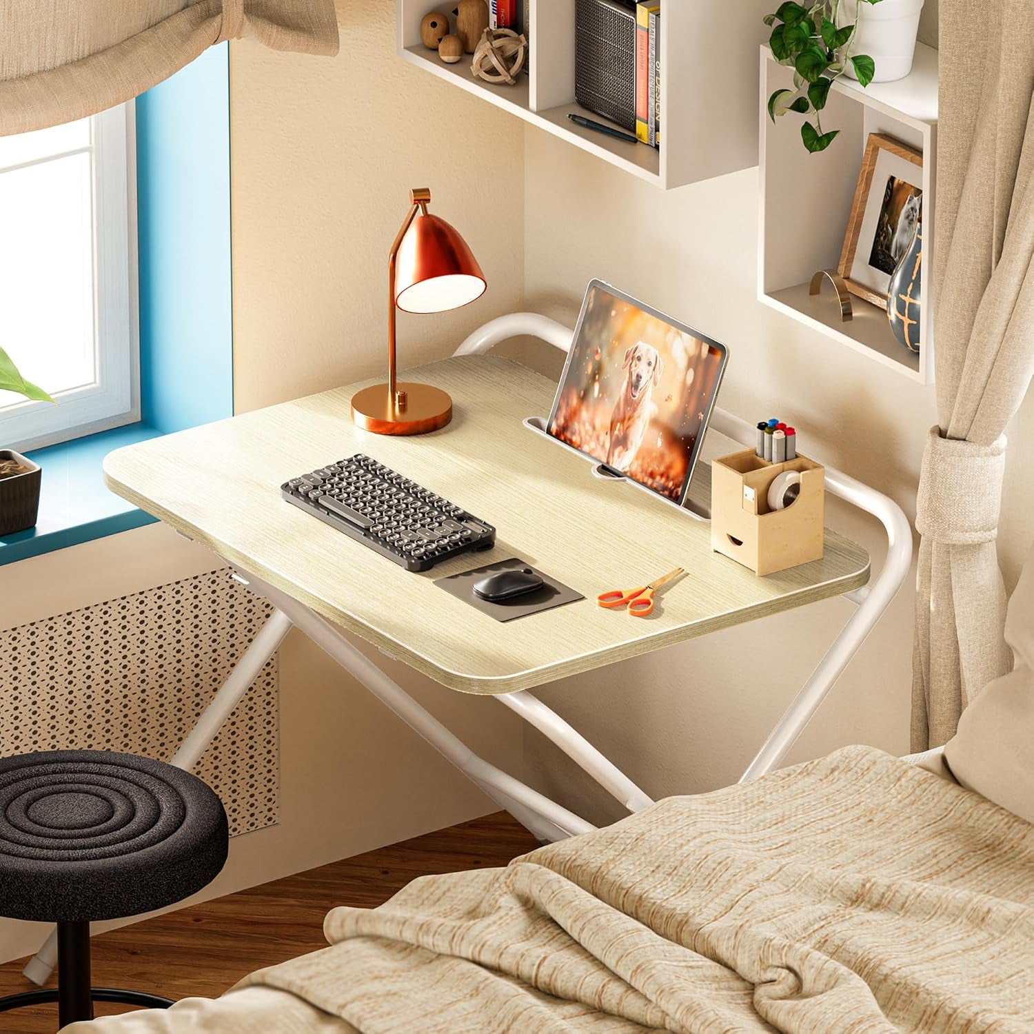 Adjustable Height Folding Desk with Tablet Slot, 24-Inch Compact Computer Desk for Small Spaces, Ideal for Home Office, Bedroom, and Study, Oak Finish
