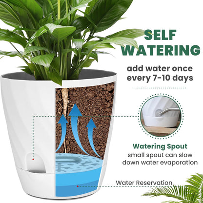 Plant Pots with Drainage, Self Watering Pots for Indoor Plants, Home Decor Flower Planters, 4 Pack 6 Inch Plastic Planters Succulent Pots, White