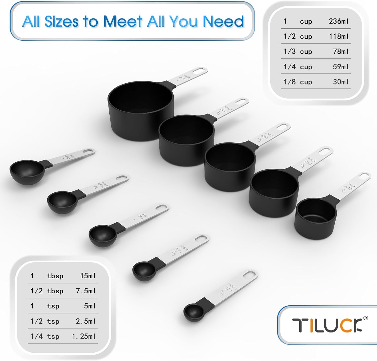 Measuring Cups & Spoons Set, Stackable Cups and Spoons, Nesting Measure Cups with Stainless Steel Handle, Kitchen Gadgets for Cooking & Baking (Black)