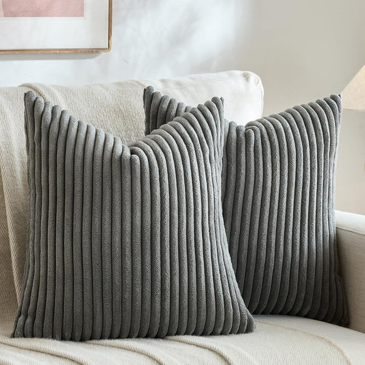 Set of 2 Dark Gray Boho Decorative Throw Pillow Covers 16X16 Inch for Couch Bed Sofa, Aesthetic Modern Bohemian Room Decor, Soft Fuzzy Fluffy Cozy Corduroy Textured Cushion Case 40X40Cm