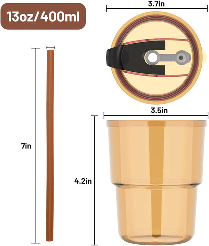13Oz Tumbler Water Glass Cups with Straw and Lid, 2 Pack Reusable Glass Coffee Tumbler for Iced Tea, Coffee, Sealed Carry-On Travel Cups for Office, Party, Camping and Outdoor, Gifts