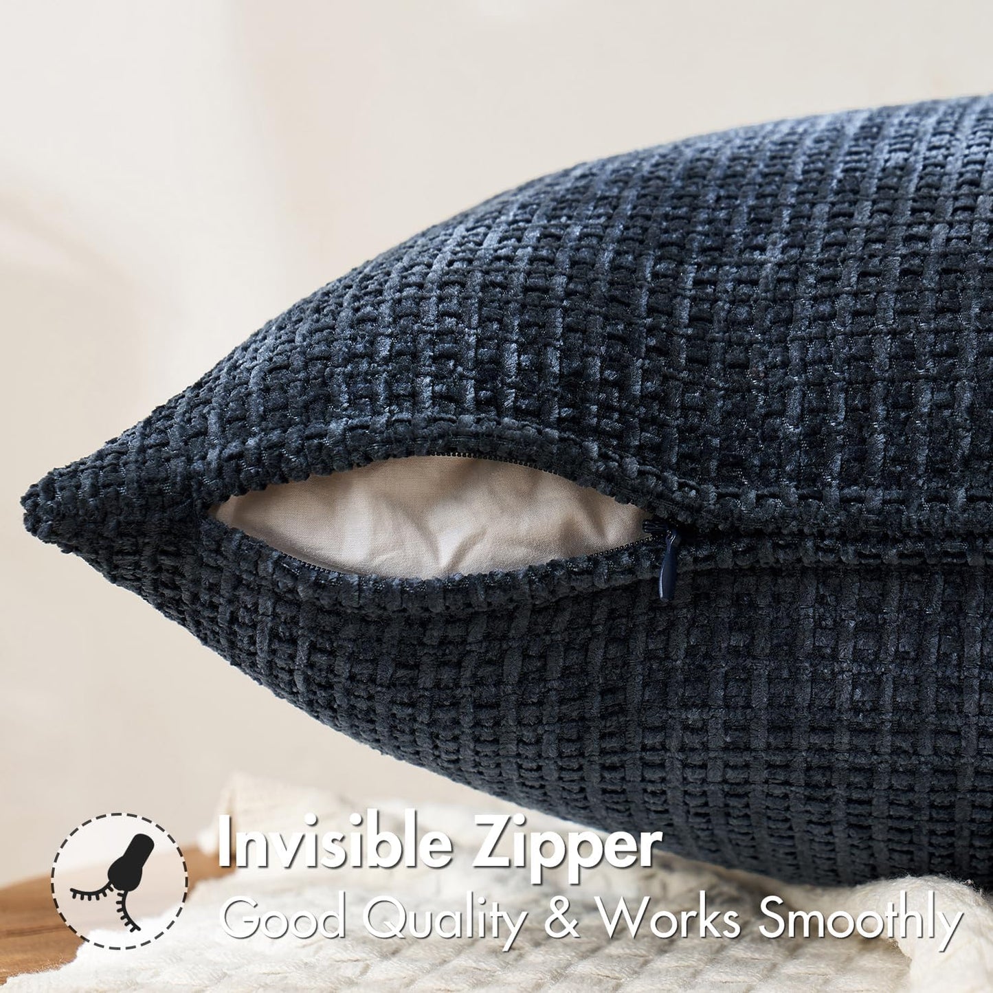 Pack of 2 Couch Throw Pillow Covers 18X18 Inch Coastal Navy Blue Modern Boho Accent Decorative Pillow Covers Soft Chenille Farmhouse Cushion Covers for Home Decor Bed Sofa Living Room