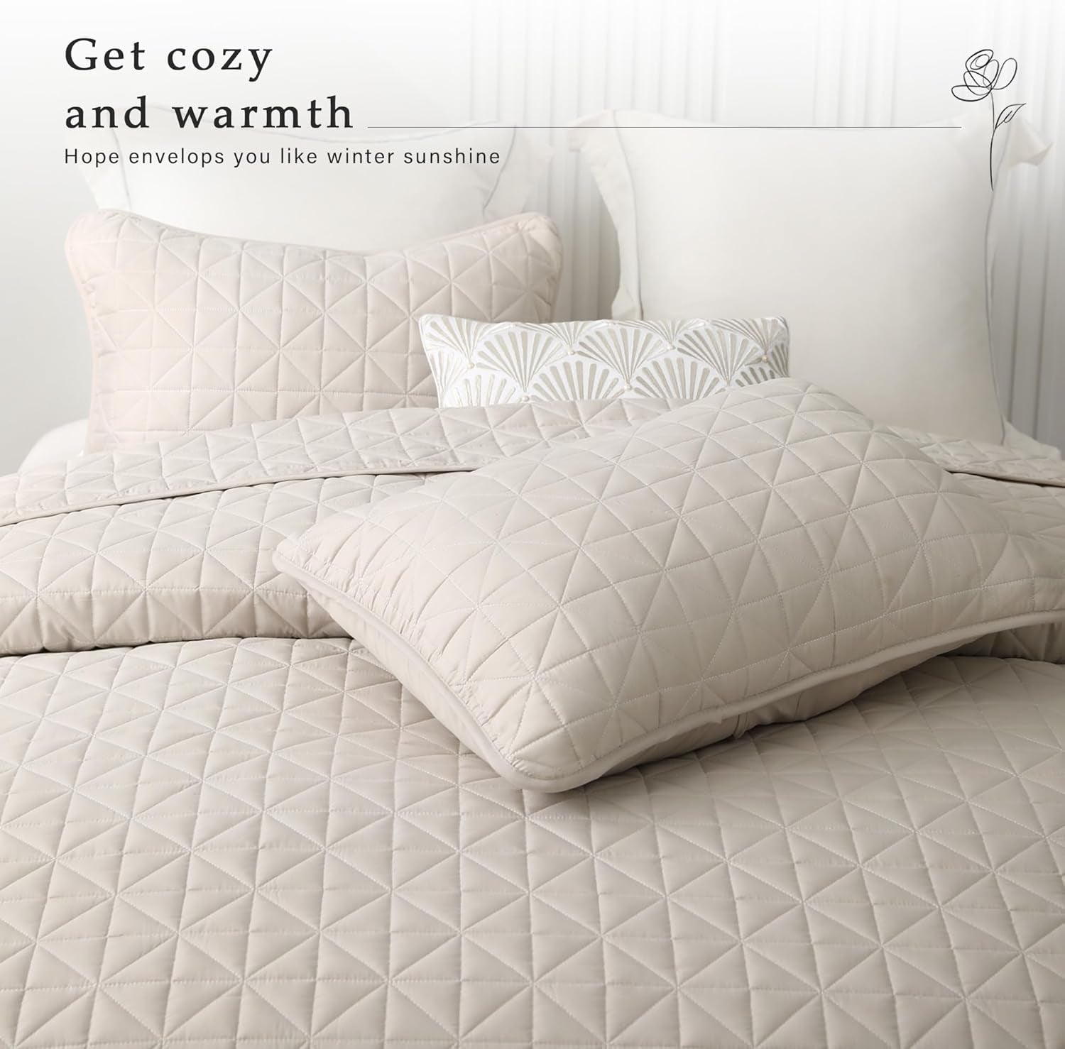 Queen Size Quilted Bedding Set with Stitched Grid Pattern, Lightweight Birch Beige Bedspread and Pillow Shams for All Seasons (Includes 1 Quilt and 2 Pillow Shams)