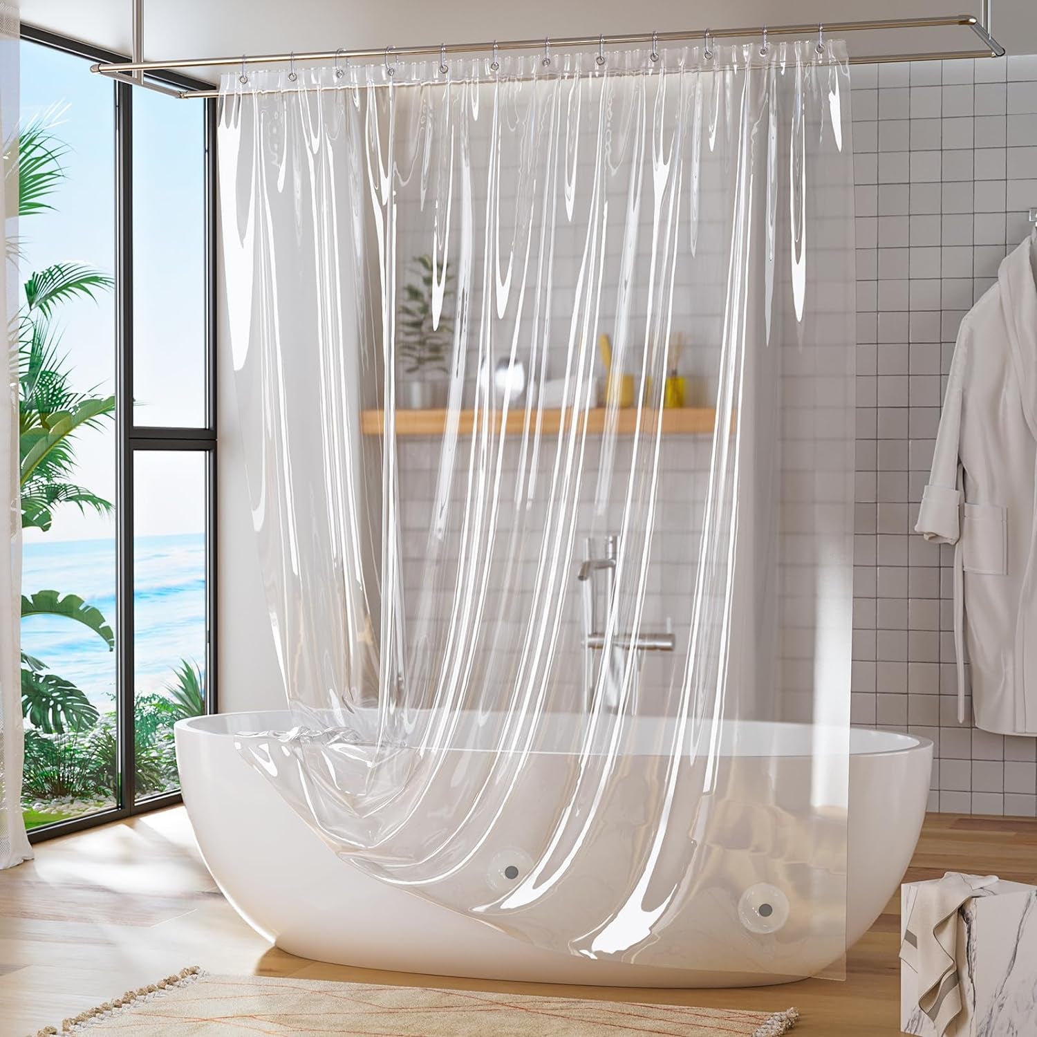Shower Curtain Rings and Waterproof Lightweight 72 X 72 Inches PEVA Shower Curtain Liner, Clear