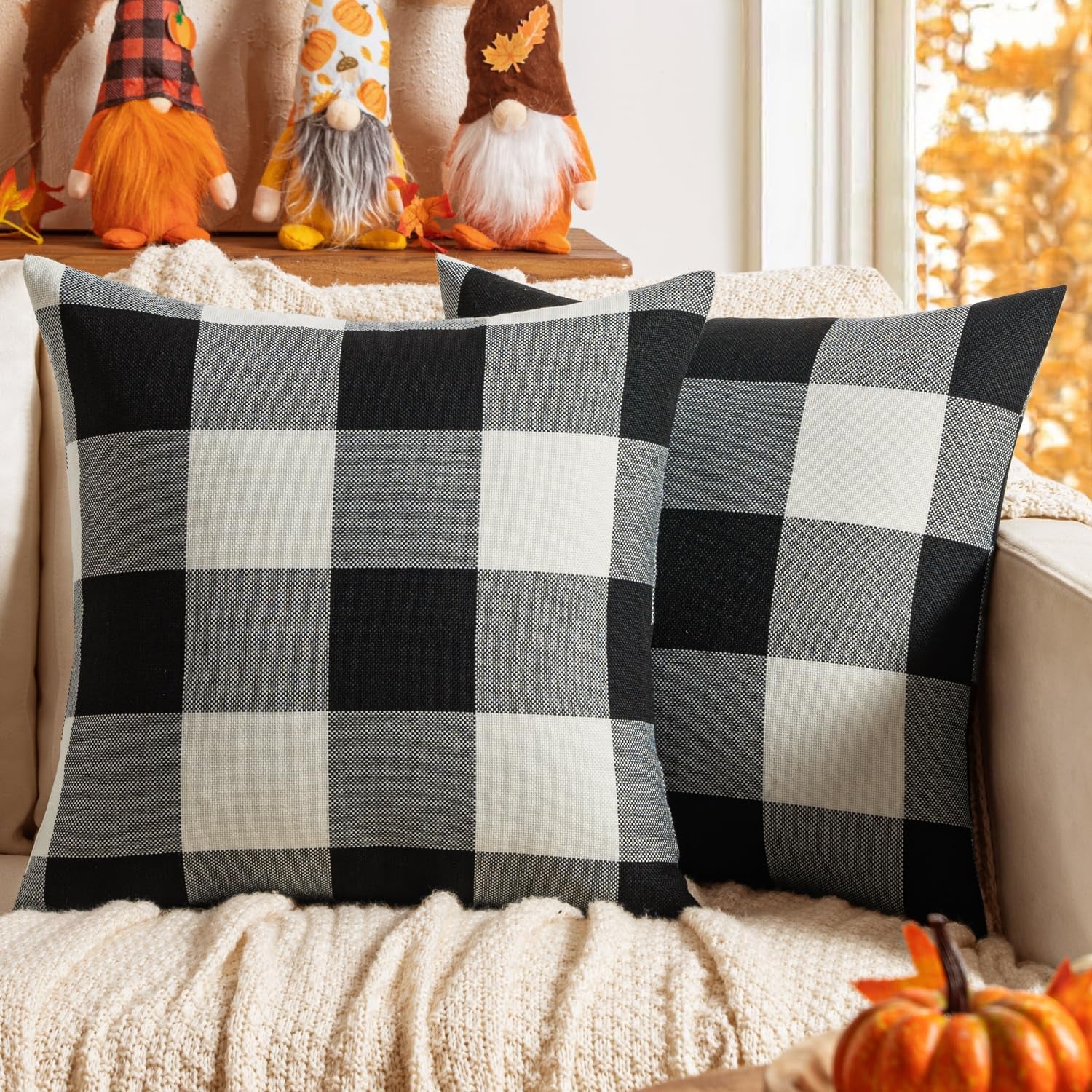 Halloween Pack of 2 Farmhouse Buffalo Check Plaids Linen Throw Pillow Covers Soft Soild Decorative Home Decor Outdoor Cushion Case for Sofa Bedroom 18 X 18 Inch, Black and White