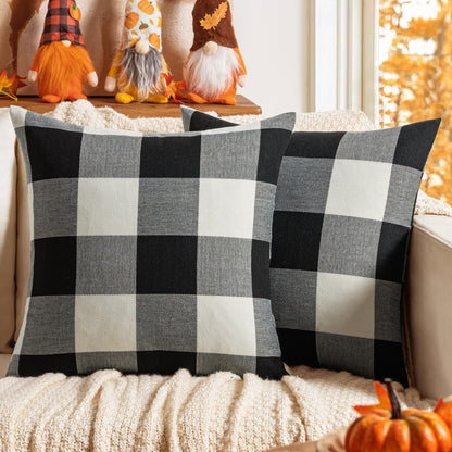 Halloween Pack of 2 Farmhouse Buffalo Check Plaids Linen Throw Pillow Covers Soft Soild Decorative Home Decor Outdoor Cushion Case for Sofa Bedroom 18 X 18 Inch, Black and White
