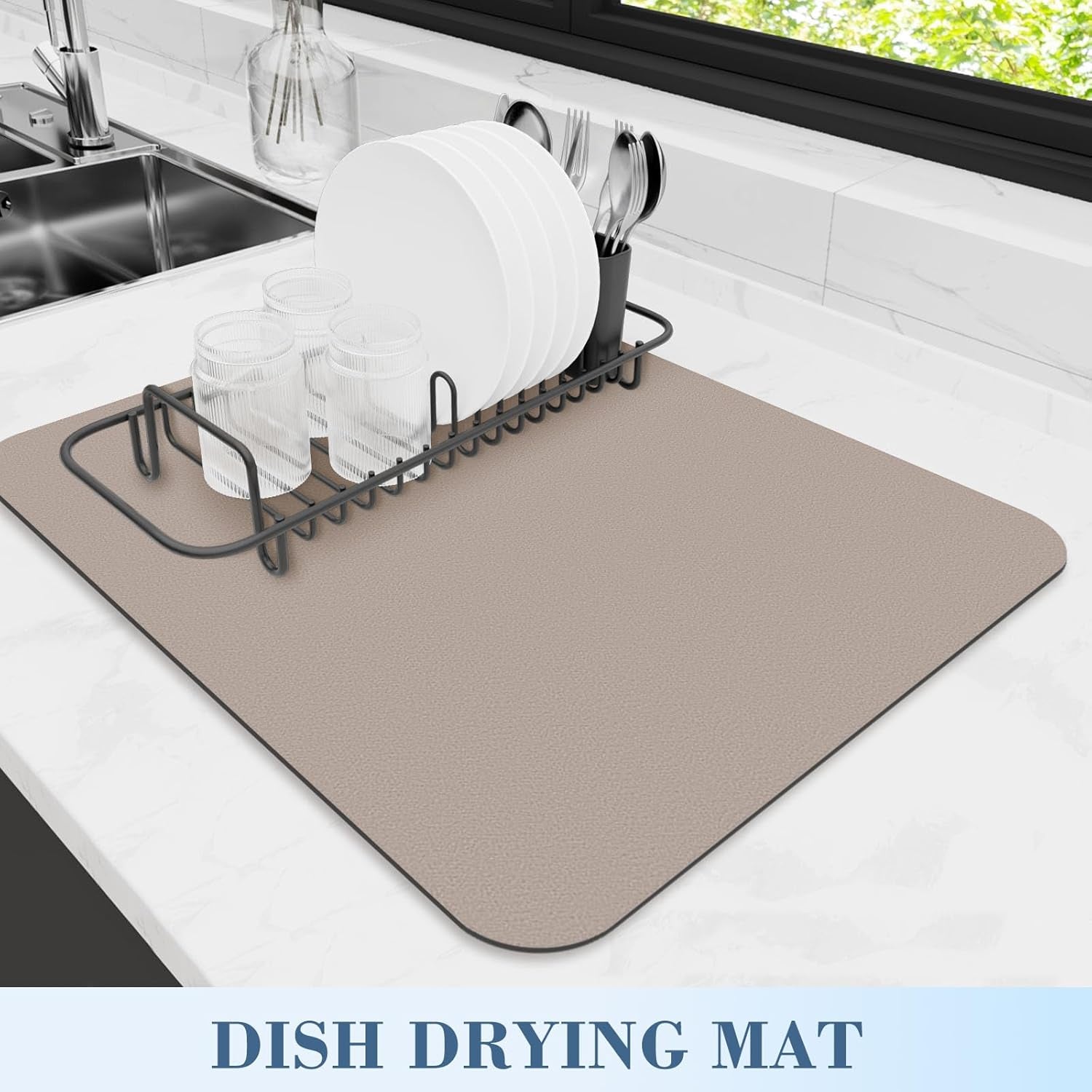 2-PACK Dish Drying Mat (15" X 18" Classic Khaki) Large Draining Mat Super Absorbent Dish Drying Mats for Kitchen Counter Rubber Backing Kitchen Drying Mat