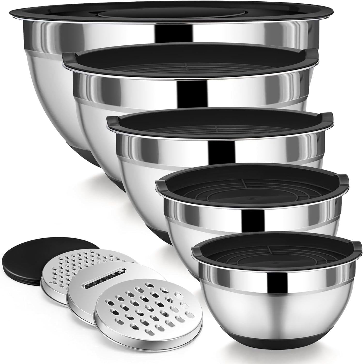 Mixing Bowl with Lid Set, 5 Piece Stainless Steel Mixing Nesting Bowls for Salad Storage, 3 Grater Attachments & Non-Slip Bottoms, Size 1/1.5/2 / 2.6/4.6 QT, Black