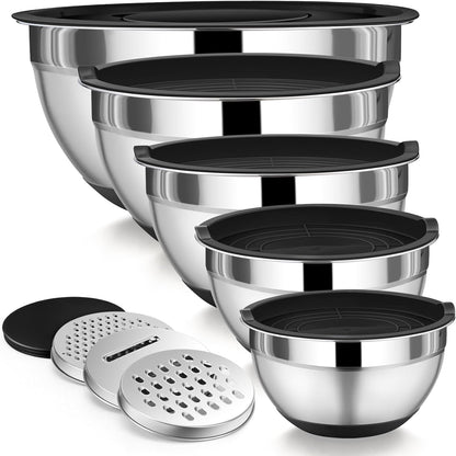 Mixing Bowl with Lid Set, 5 Piece Stainless Steel Mixing Nesting Bowls for Salad Storage, 3 Grater Attachments & Non-Slip Bottoms, Size 1/1.5/2 / 2.6/4.6 QT, Black