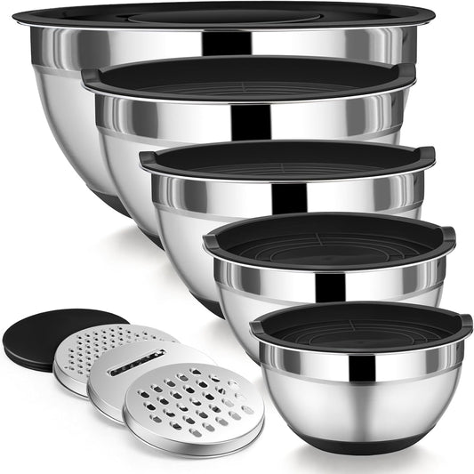 Mixing Bowl with Lid Set, 5 Piece Stainless Steel Mixing Nesting Bowls for Salad Storage, 3 Grater Attachments & Non-Slip Bottoms, Size 1/1.5/2 / 2.6/4.6 QT, Black