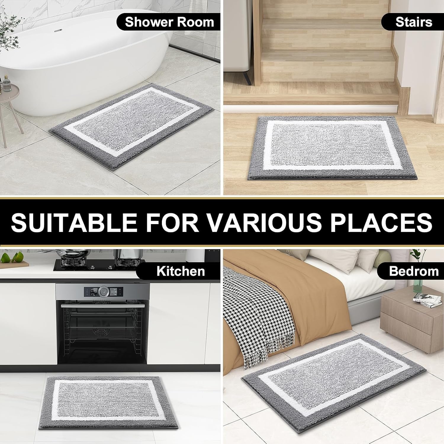 Bathroom Rugs 24X16, Extra Soft and Absorbent Microfiber Bath Mat, Non-Slip, Machine Washable, Quick Dry Shaggy Bath Carpet, Suitable for Bathroom Floor, Tub, Shower (Small, Grey)