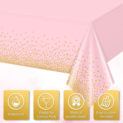 1 Pack Pink and Gold Plastic Tablecloth for Parties, Pink Disposable Table Cloth for Rectangle Tables, Gold Stamping Dot Confetti Light Pink Tablecloth for Birthday Wedding Baby Shower Party, 54X108"