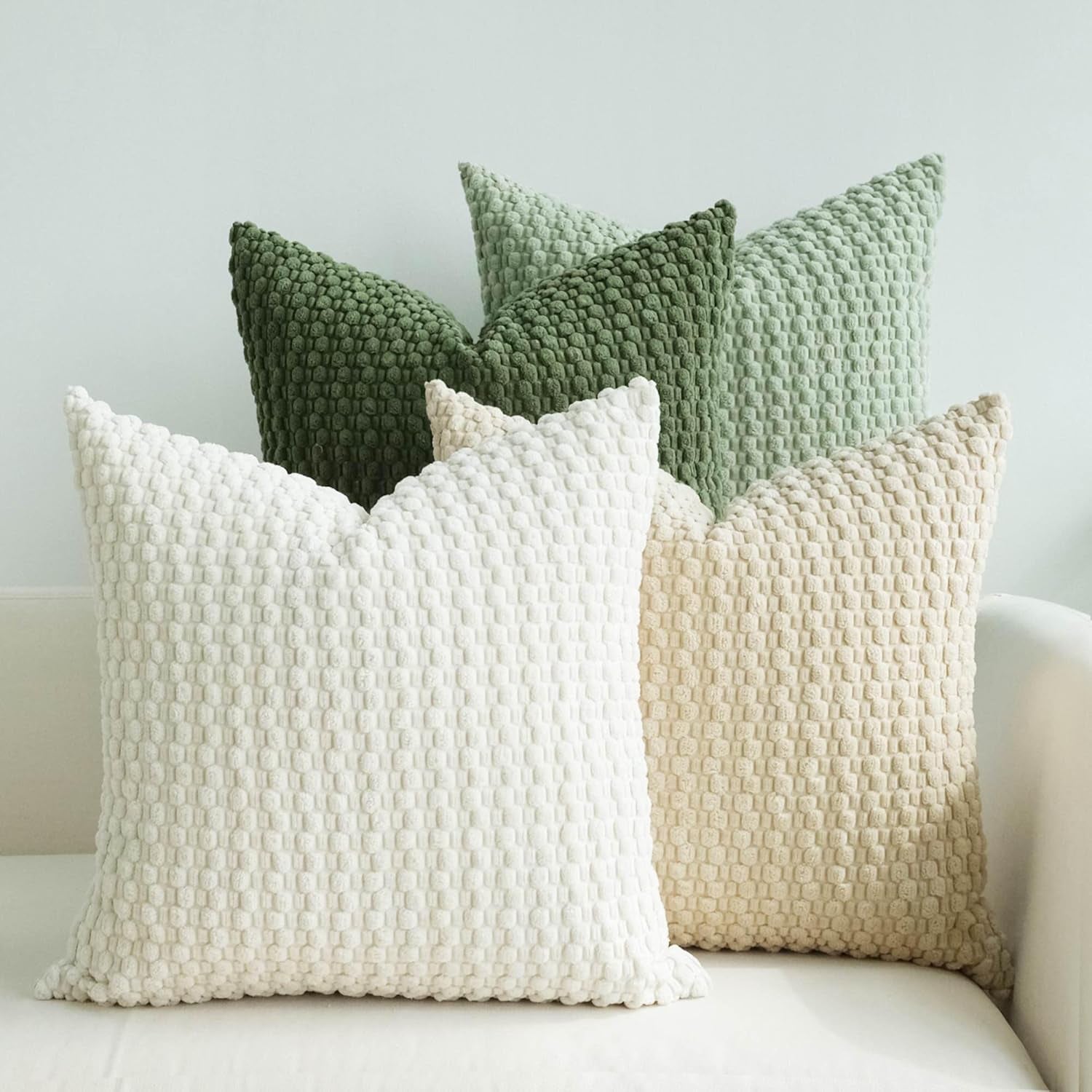 Pack of 4 Spring Decorative Throw Pillow Covers Farmhouse Boho Home Decor Striped Corduroy Square Pillowcases 18 X 18 Inch Green