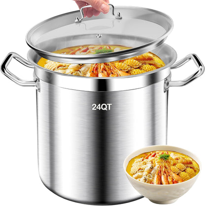 24QT Stainless Steel Stock Pot with Lid - Heavy-Duty Tri-Ply Bottom Commercial Grade for Soup, Stew, and Pasta, Compatible with Oven, Gas, and Ceramic, Dishwasher Safe