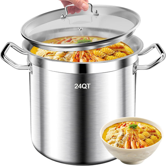 24QT Stainless Steel Stock Pot with Lid - Heavy-Duty Tri-Ply Bottom Commercial Grade for Soup, Stew, and Pasta, Compatible with Oven, Gas, and Ceramic, Dishwasher Safe