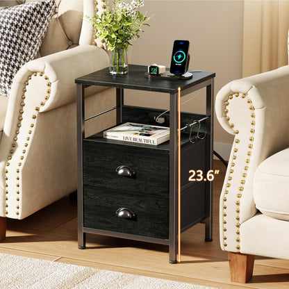 Nightstand Set of 2, Black Oak, with Charging Station and USB Ports, Side Tables with 2 Fabric Drawers, Bedside Tables with Storage Shelf & Hooks, for Living Room/Bedroom