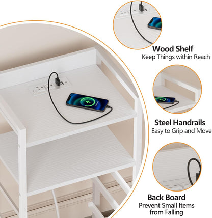 White Nightstand with Charging Station and LED Light, Tall Bedroom Dresser with 4 Fabric Storage Drawers, Metal Frame and Wood Shelf