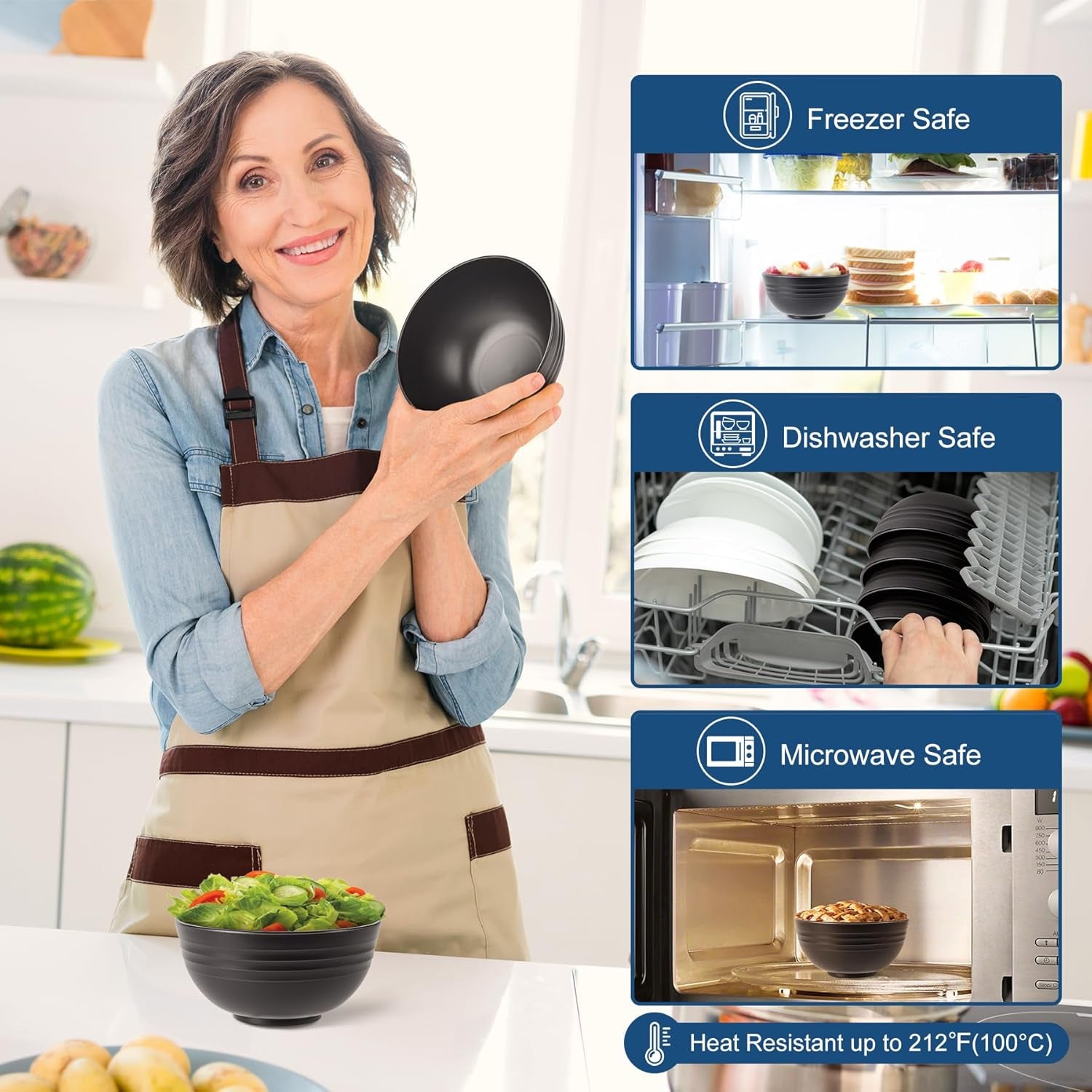 BPA Free Unbreakable Wheat Straw Cereal Bowls - Microwave & Dishwasher Safe Soup and Salad Bowls, Set of 8, 26Oz, Black