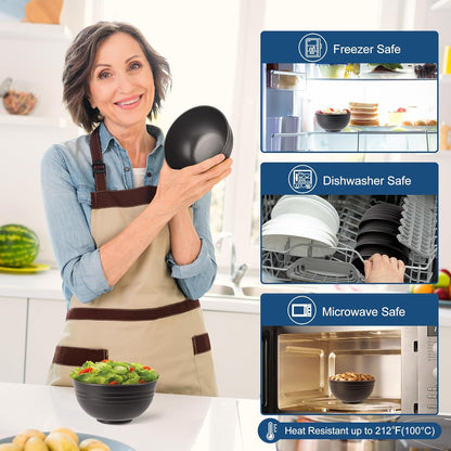 BPA Free Unbreakable Wheat Straw Cereal Bowls - Microwave & Dishwasher Safe Soup and Salad Bowls, Set of 8, 26Oz, Black