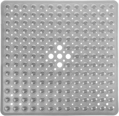 Shower Bathtub Mat Non Slip, 21X21 Inch, Soft Square Bath for Tub with Suction Cups and Drain Holes, Stall Floor Mats Bathroom, Machine Washable, Bathroom Accessories, Clear Gray