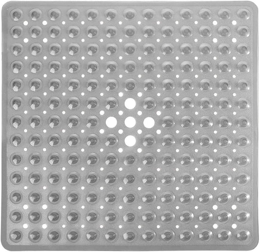 Shower Bathtub Mat Non Slip, 21X21 Inch, Soft Square Bath for Tub with Suction Cups and Drain Holes, Stall Floor Mats Bathroom, Machine Washable, Bathroom Accessories, Clear Gray