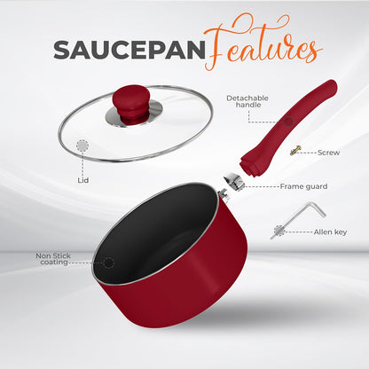 Detachable Handle Nonstick Saucepan with Glass Lid, Multipurpose Use for Home, Kitchen or Restaurant (Red)