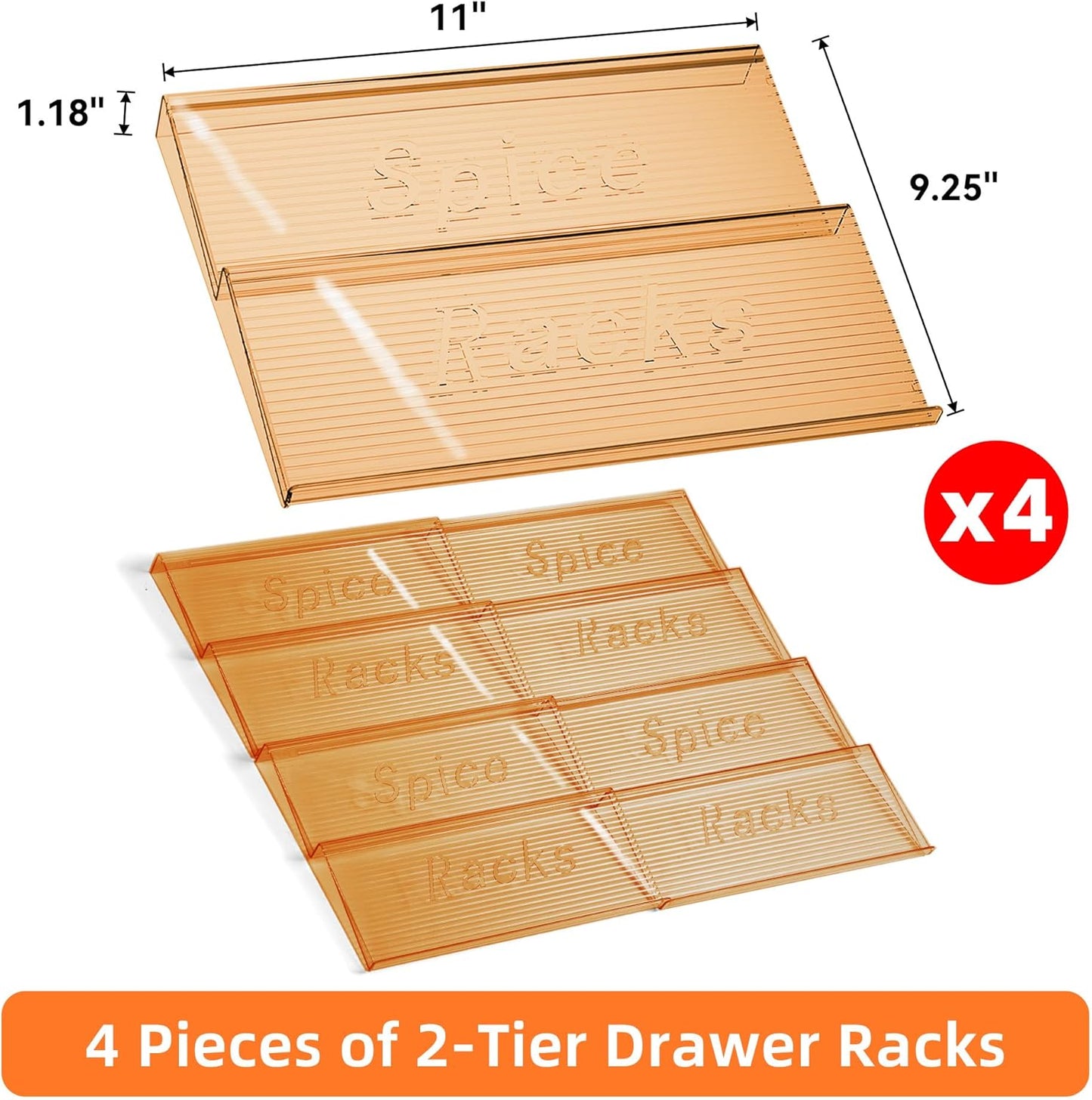 Spice Drawer Organizer, 4 Tier- 4 Pack Amber Acrylic Drawer Seasoning Organizer, Expandable from 11'' to 22'' Kitchen Spice Rack Organizers and Storage for Drawer (Jars Not Included)