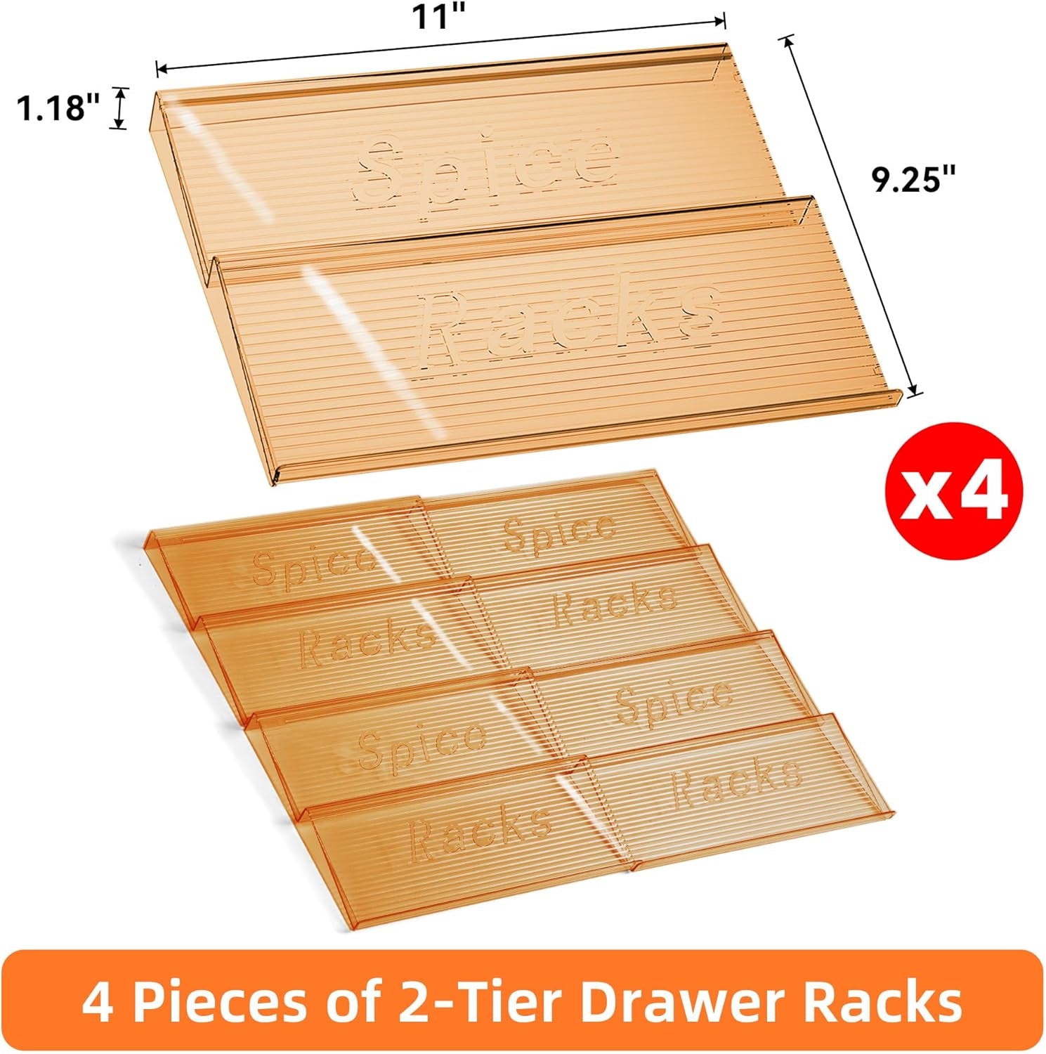 Spice Drawer Organizer, 4 Tier- 4 Pack Amber Acrylic Drawer Seasoning Organizer, Expandable from 11'' to 22'' Kitchen Spice Rack Organizers and Storage for Drawer (Jars Not Included)