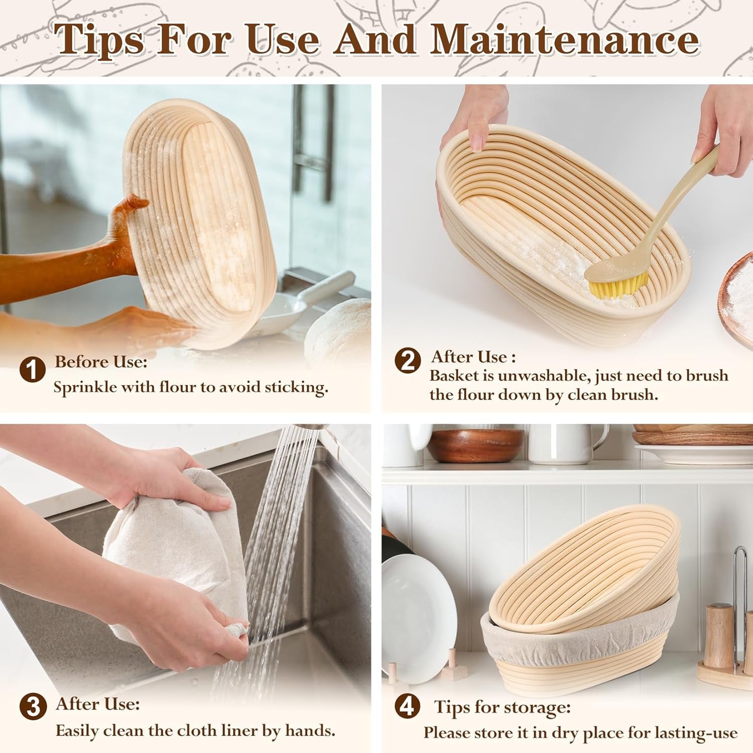 Sourdough Bread Proofing Basket Set of 2, 10 Inch Oval Dough Proofing Bowls, Sourdough Bread Baking Supplies for Bakers, Handmade Rattan Baskets with Cloth Liner