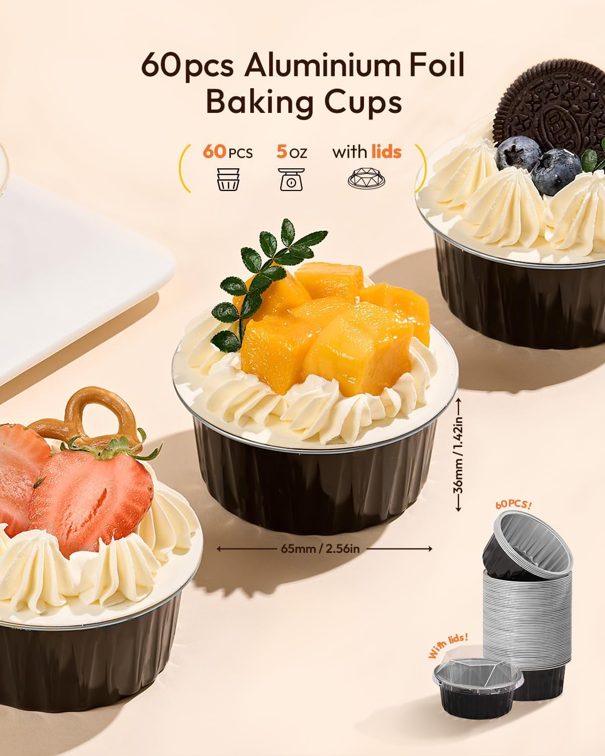 60 Pack 5Oz Disposable Aluminum Foil Ramekins with Lids, Mini round Baking Cups, Muffin Tins for Creme Brulee, Souffle, Pudding, Non-Stick, Wedding Favors, Black