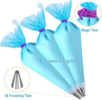 Piping Bags and Tips Set, Cakes Decorating Kit Supplies with 3 Reusable Pastry Bags, 18 Frosting Tips, 3 Couplers, 3 Bag Ties, 3 Cake Scraper, 1 Cake Decorating Tools for Cookie Icing