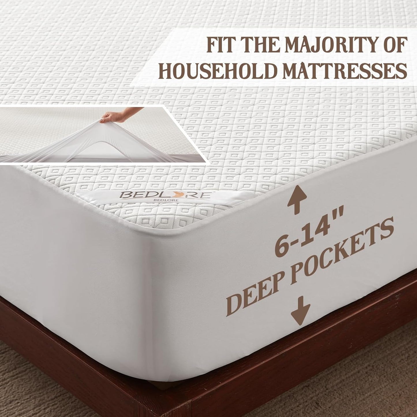 Twin Mattress Protector, Waterproof Noiseless Mattress Cover with Stretchable Pockets for 6-15 Inches Mattress, Soft Breathable Mattress Pad Machine Washable (White)