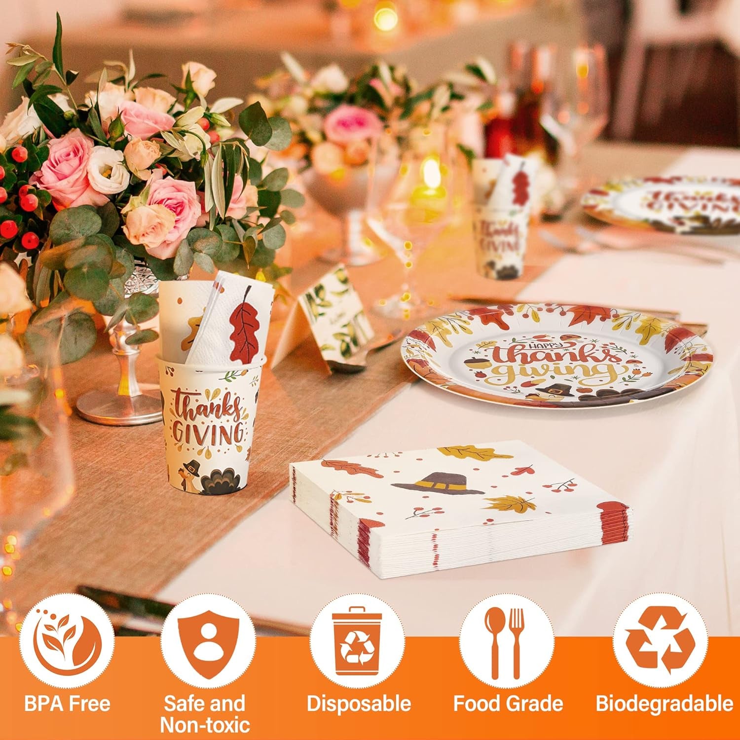 120 PCS Thanksgiving Paper Plates, Disposable Thanksgiving Plates and Cups Set, Heavy Duty Harvest Table Decorations, Fall Dinnerware Set for Holiday Decorations Themed Party Serve 30 Guests
