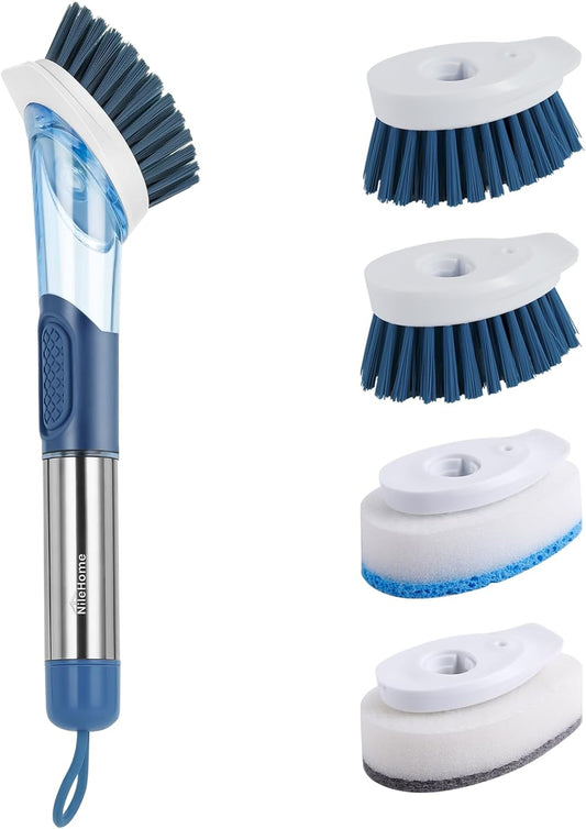 Dish Brush with Soap Dispenser Dish Scrubber with 4 Replaceable Heads Kitchen Dish Scrub Brush with Stainless Steel Handle Dish Cleaning Brush Dish Wand for Dishes, Pots…