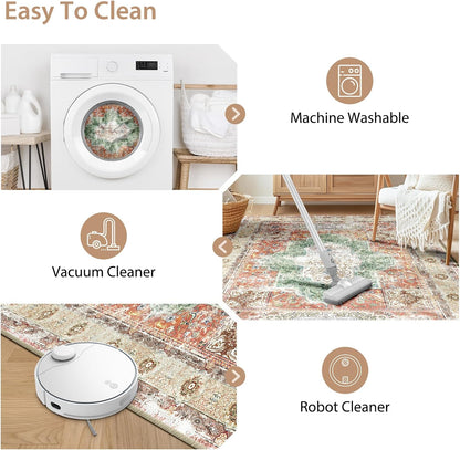 6X9 Area Rugs Machine Washable No Pile Non Slip Vintage Rugs for Living Room&Bedroom&Dinning Room Bohemian Distressed Carpet Indoor,Brick