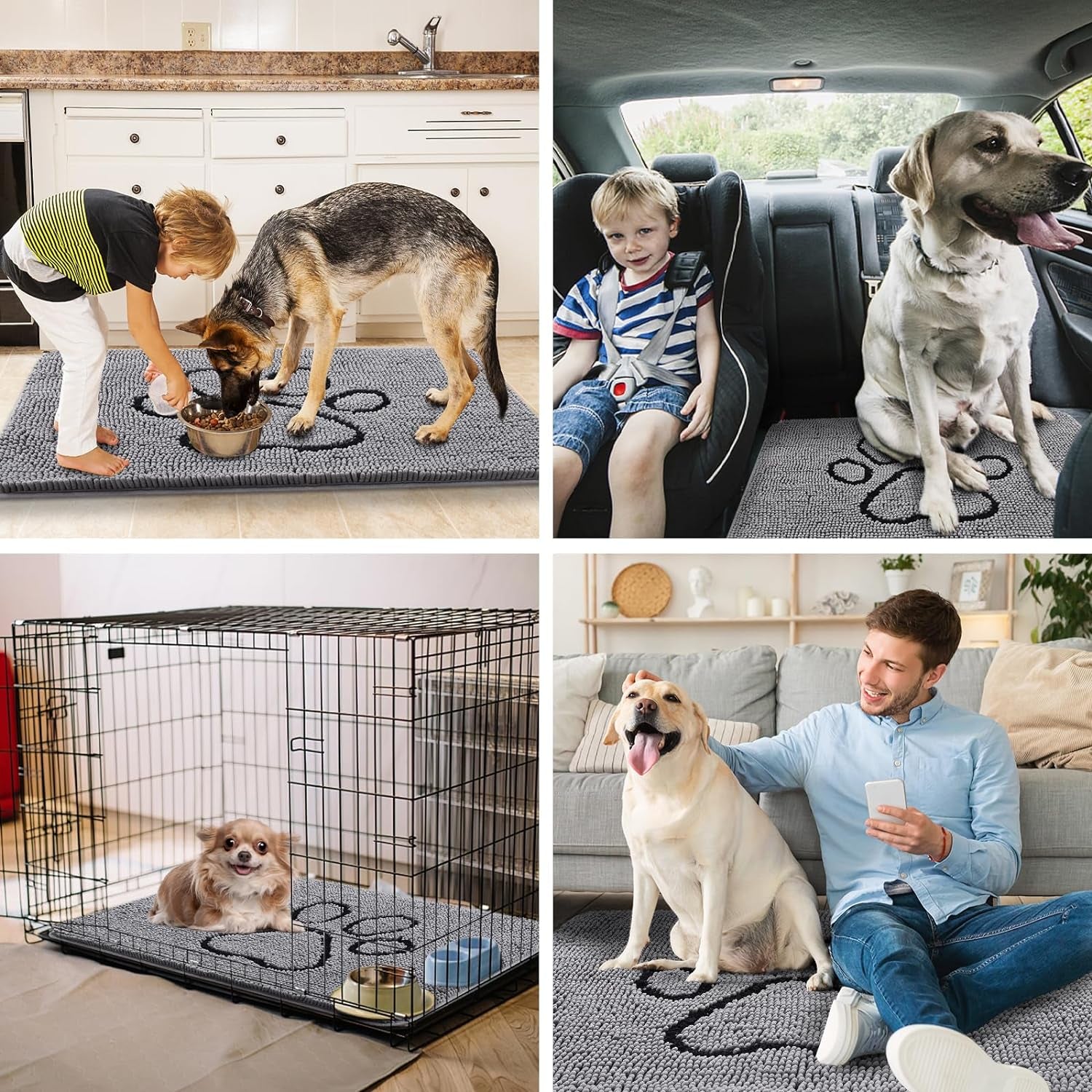 Luxury Chenille Bath Rug (Black 24X16) Dog Door Mat for Muddy Paws (Grey 30X20)