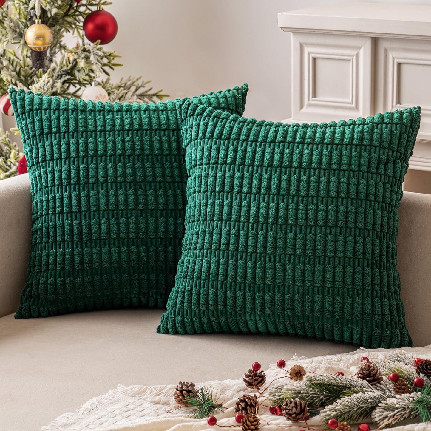 Set of 2 Dark Green Corduroy Decorative Pillow Covers, 18x18 Inches, Soft Bohemian Striped Throw Pillows for Modern Farmhouse Home Decor, Ideal for Sofa, Living Room, Couch, and Bed