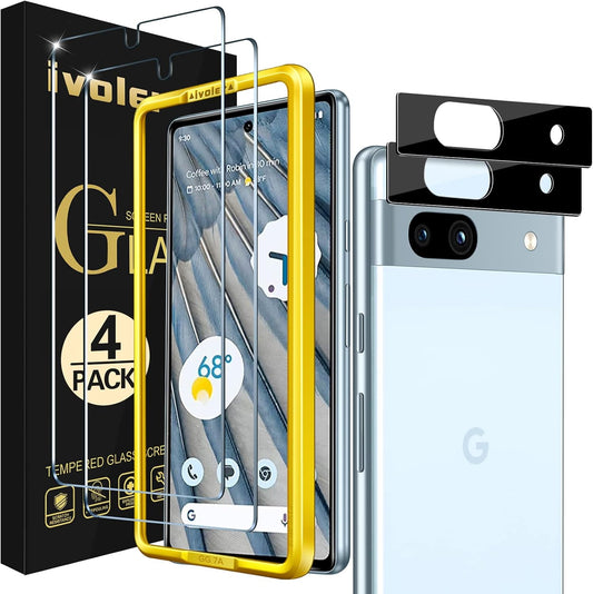 Screen Protector for Google Pixel 7A Tempered Glass Film [2 Pack] with [2 Pack] Camera Lens Protector Tempered Glass with [Alignment Frame] Transparent HD Clear Anti-Scratch, 6.1 Inch