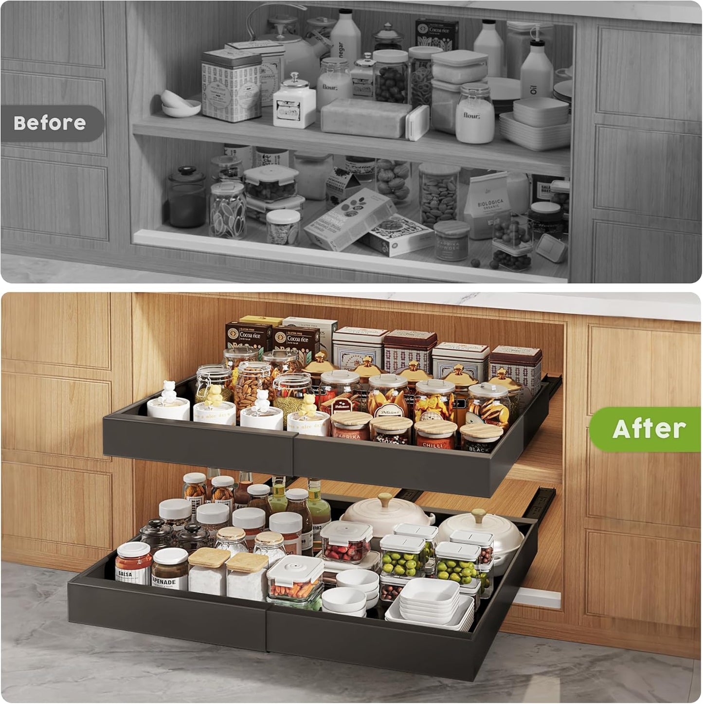 2-Pack 21" Deep Pull-Out Cabinet Organizers with Adjustable Width 12"-20.45", Enhanced Slide-Out Drawers Featuring 3 Slide Rails and Adhesive Roll-Out Shelves, Black