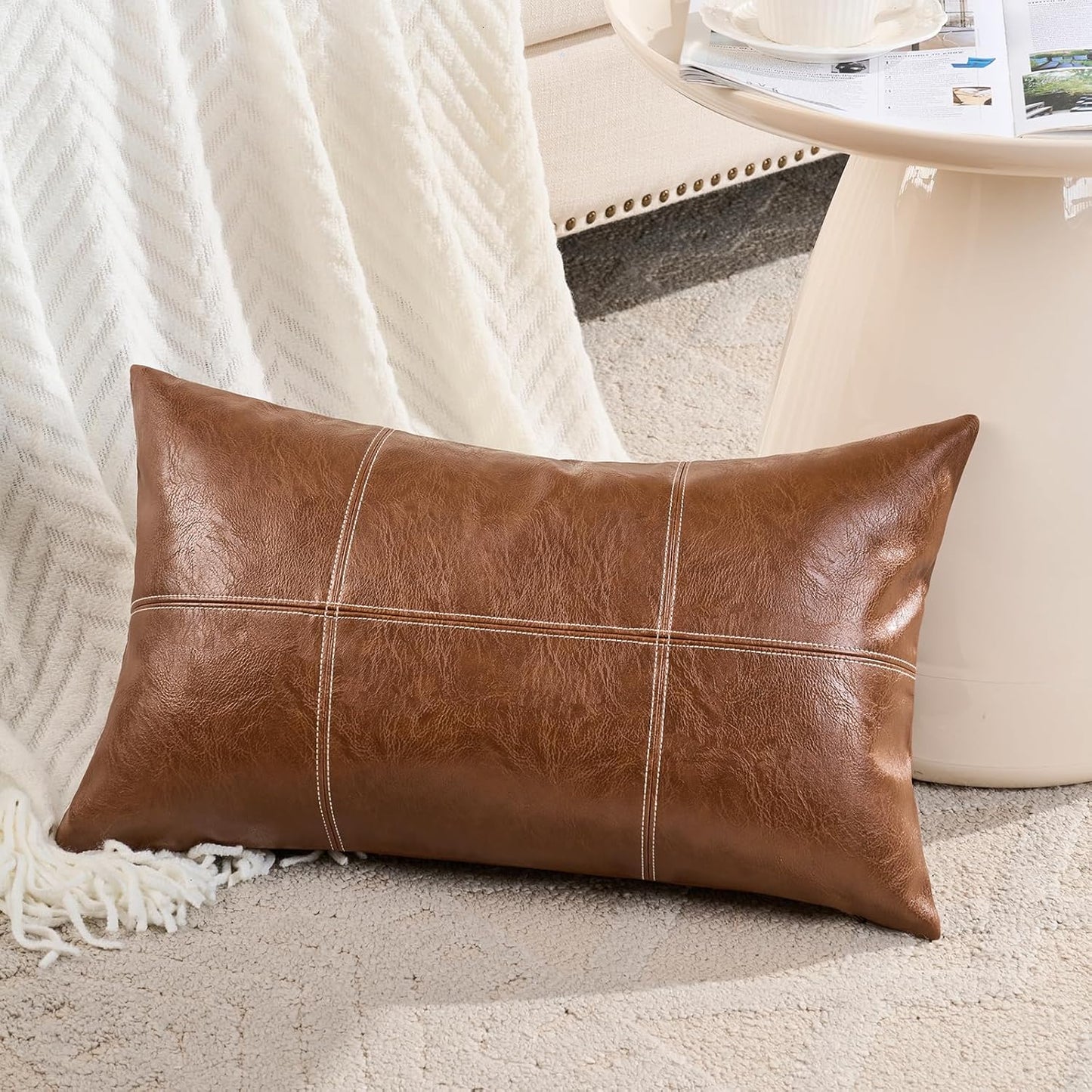2 Packs Brown Boho Lumbar Plaid Faux Leather Decorative Throw Pillow Covers 12X20 Inch for Living Room Couch Bed, Rustic Modern Home Decor, Hand Stitched Rectangle Cushion Case 30X50 Cm