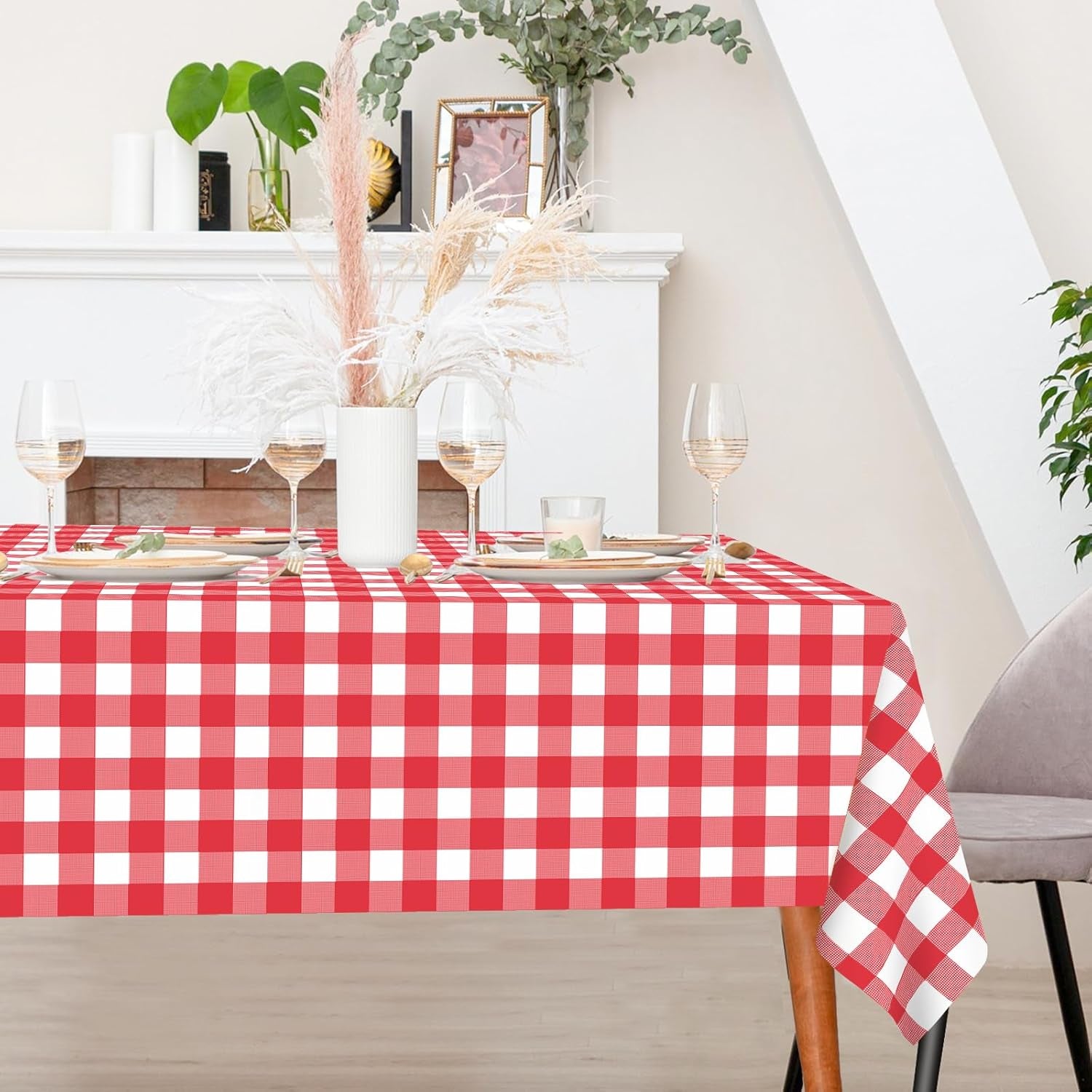 2 Pack Red Gingham Tablecloth Rectangular Red and White Checkered Tablecloths Disposable Plastic Red Plaid Table Cover for Parties, Christmas, Outdoor Picnic, Birthday, Wedding, Camping 54 × 108