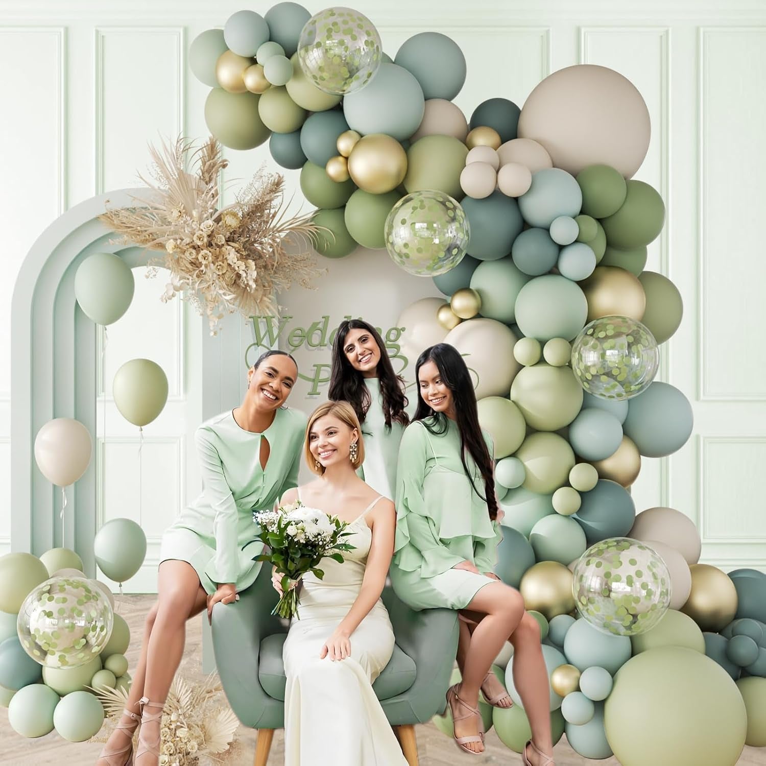 141Pcs Sage Green Balloon Arch Kit, Dusty Blue Balloon Arch Kit with Gold White Sand Pastel Green Confetti Balloons for Boho Birthday Baby Shower Decorations