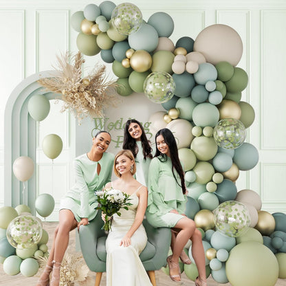 141Pcs Sage Green Balloon Arch Kit, Dusty Blue Balloon Arch Kit with Gold White Sand Pastel Green Confetti Balloons for Boho Birthday Baby Shower Decorations