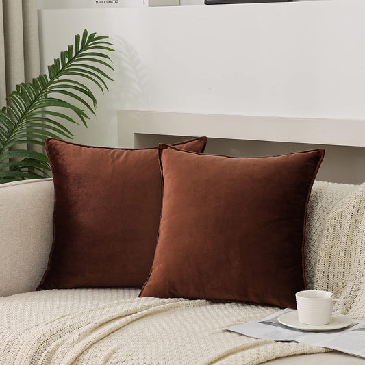 Velvet Brown Throw Pillow Covers Pack of 2 Spring Decorative Soft for Couch Sofa Bed Livingroom Office 18×18 Inches