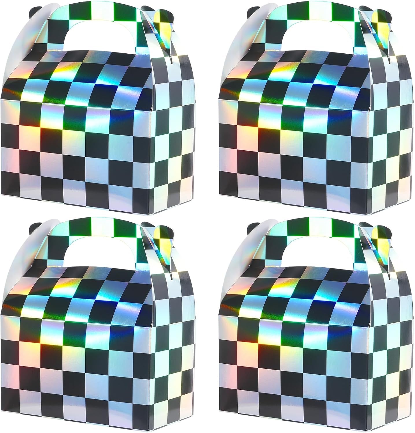 24 Pcs Iridescent Checkered Race Car Party Favor Gable Boxes, Paper Black and Iridescent Car Goodie Treat Boxes, Racecar Laser Plaid Gift Box for Kids Fast Race Cars Birthday Party Decorations