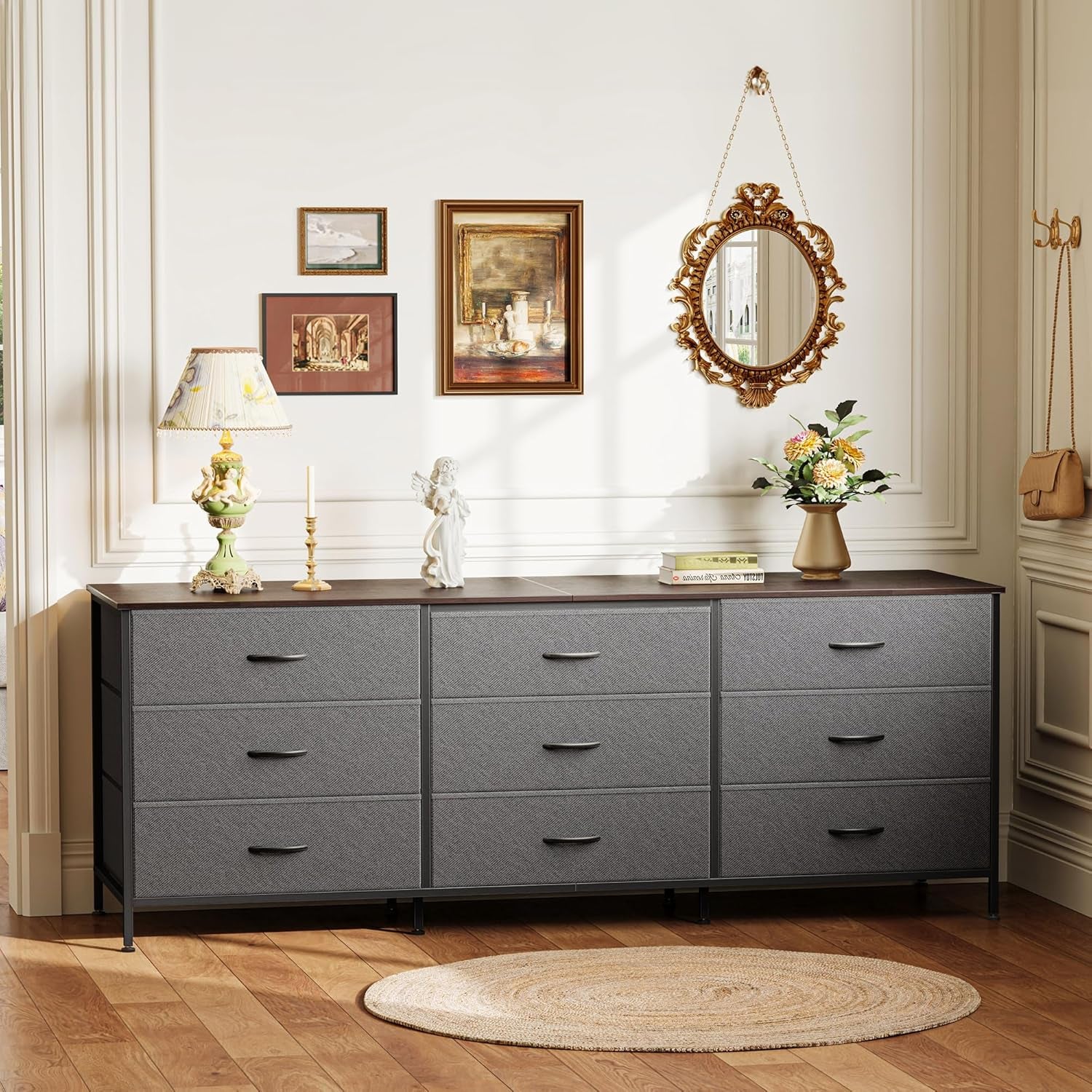 63-Inch Bedroom Dresser with 9 Drawers, Versatile Entertainment Center for 55-70 Inch TVs, Walnut and Dark Grey Finish