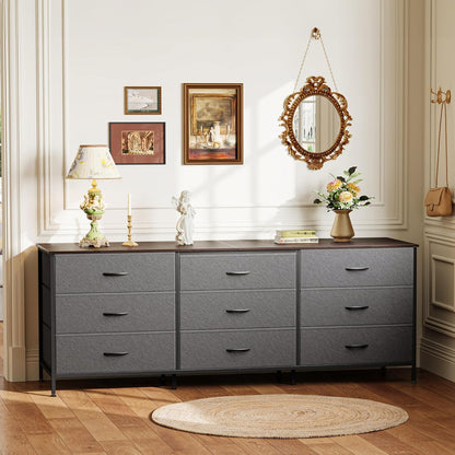 63-Inch Bedroom Dresser with 9 Drawers, Versatile Entertainment Center for 55-70 Inch TVs, Walnut and Dark Grey Finish
